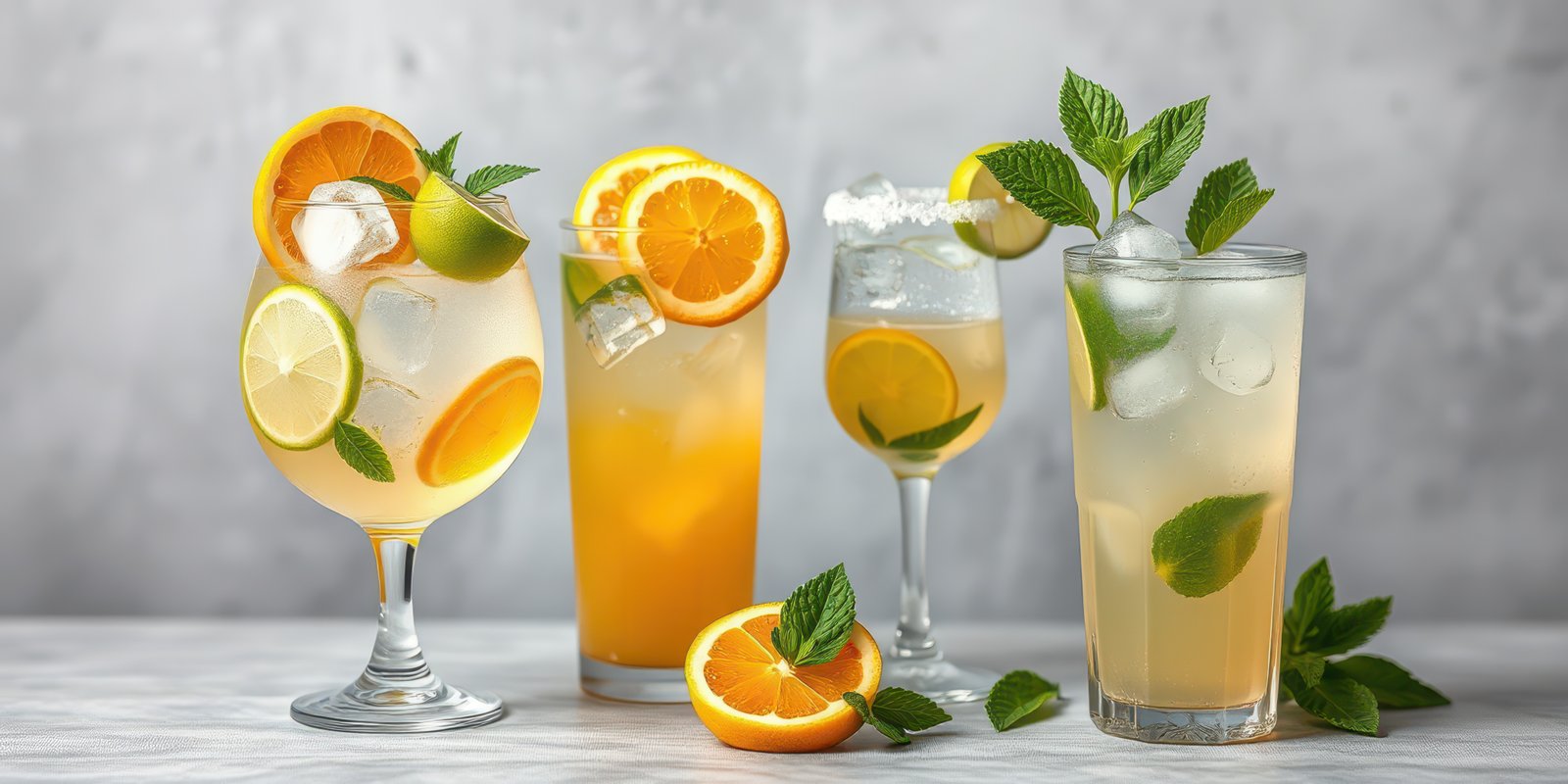 Refreshing citrus cocktails with mint and ice arranged on a textured surface ideal for summer gatherings